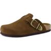 imageCUSHIONAIRE Hamlet Genuine Leather Suede Clogs for Women Slip On Shoes with Detailed Metal Buckle Strap and Memory Foam FootbedBrown