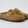 imageCUSHIONAIRE Hobby Genuine Leather Suede Mule Clogs for Women with Buckle Strap and Cork Footbed Supportive AllDay Comfort in Womens ShoesCamel