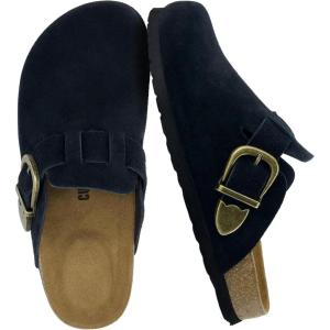 imageCUSHIONAIRE Hamlet Genuine Leather Suede Clogs for Women Slip On Shoes with Detailed Metal Buckle Strap and Memory Foam FootbedBlack