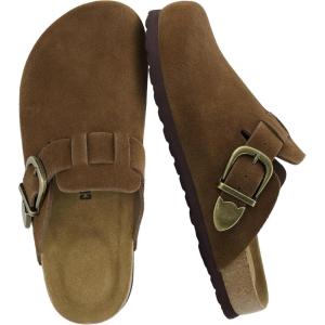 imageCUSHIONAIRE Hamlet Genuine Leather Suede Clogs for Women Slip On Shoes with Detailed Metal Buckle Strap and Memory Foam FootbedBrown