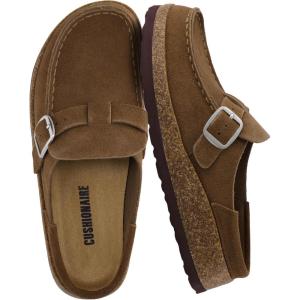 imageCUSHIONAIRE Hobby Genuine Leather Suede Mule Clogs for Women with Buckle Strap and Cork Footbed Supportive AllDay Comfort in Womens ShoesBrown