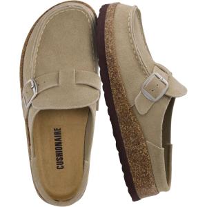 imageCUSHIONAIRE Hobby Genuine Leather Suede Mule Clogs for Women with Buckle Strap and Cork Footbed Supportive AllDay Comfort in Womens ShoesTaupe