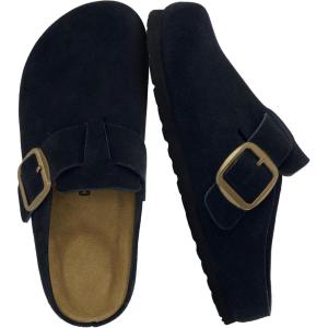 imageCUSHIONAIRE Rusty Genuine Leather Clogs for Women Comfortable Slip On Womens Shoes with Adjustable Buckle and Soft Memory FoamBlack