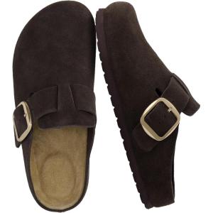 imageCUSHIONAIRE Rusty Genuine Leather Clogs for Women Comfortable Slip On Womens Shoes with Adjustable Buckle and Soft Memory FoamBrown