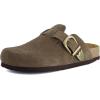 imageCUSHIONAIRE Hamlet Genuine Leather Suede Clogs for Women Slip On Shoes with Detailed Metal Buckle Strap and Memory Foam FootbedDark Taupe
