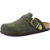 imageCUSHIONAIRE Hamlet Genuine Leather Suede Clogs for Women Slip On Shoes with Detailed Metal Buckle Strap and Memory Foam FootbedKhaki