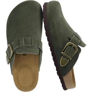imageCUSHIONAIRE Hamlet Genuine Leather Suede Clogs for Women Slip On Shoes with Detailed Metal Buckle Strap and Memory Foam FootbedKhaki